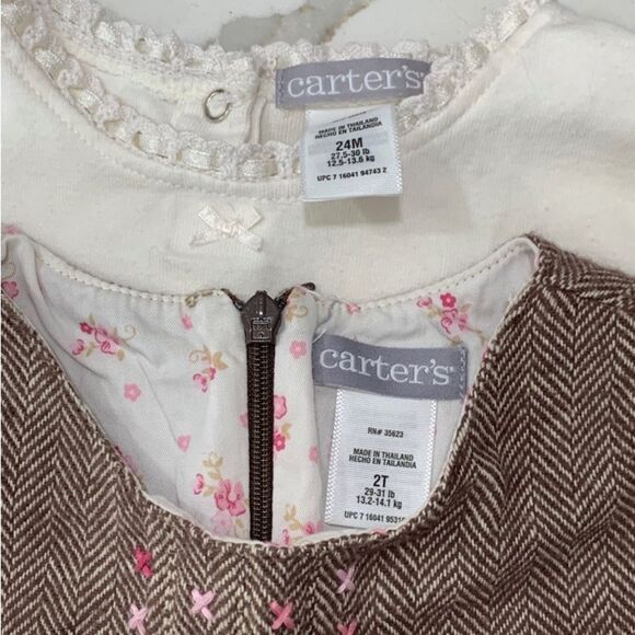 Carter’s | Girls Brown Herringbone Tank Dress with Cream Onesie - Picture 3 of 12